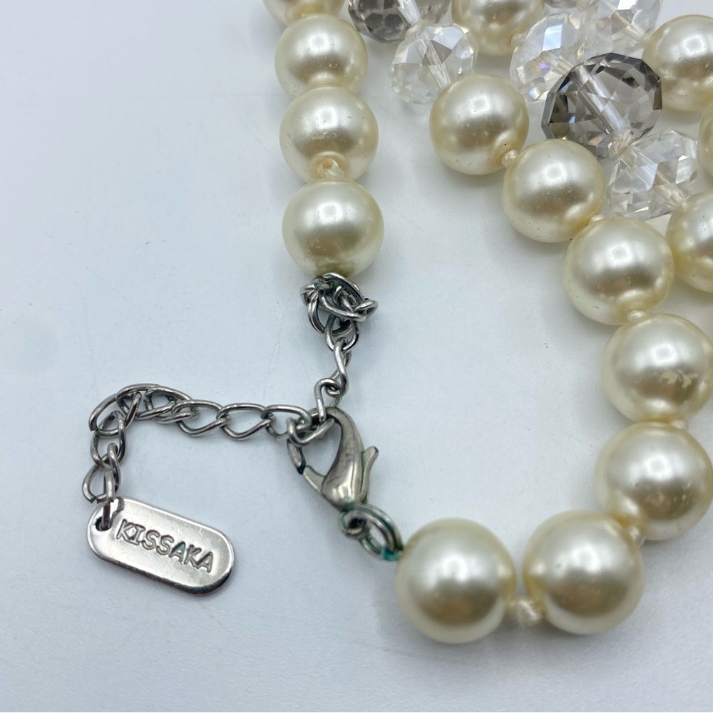 Kissaka Signed Hand Knotted Faux Glass Pearl Necklace Faceted Crystal Long - Picture 5 of 8